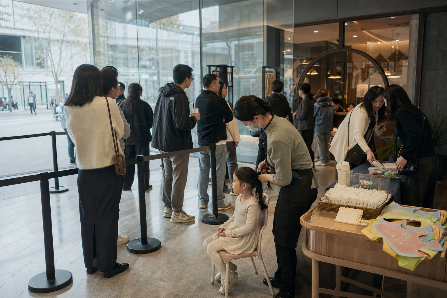 一家城市餐厅门口，孩子在编头发，旁边摆着湿纸巾和儿童围兜，真正等位吃饭的人站在后面