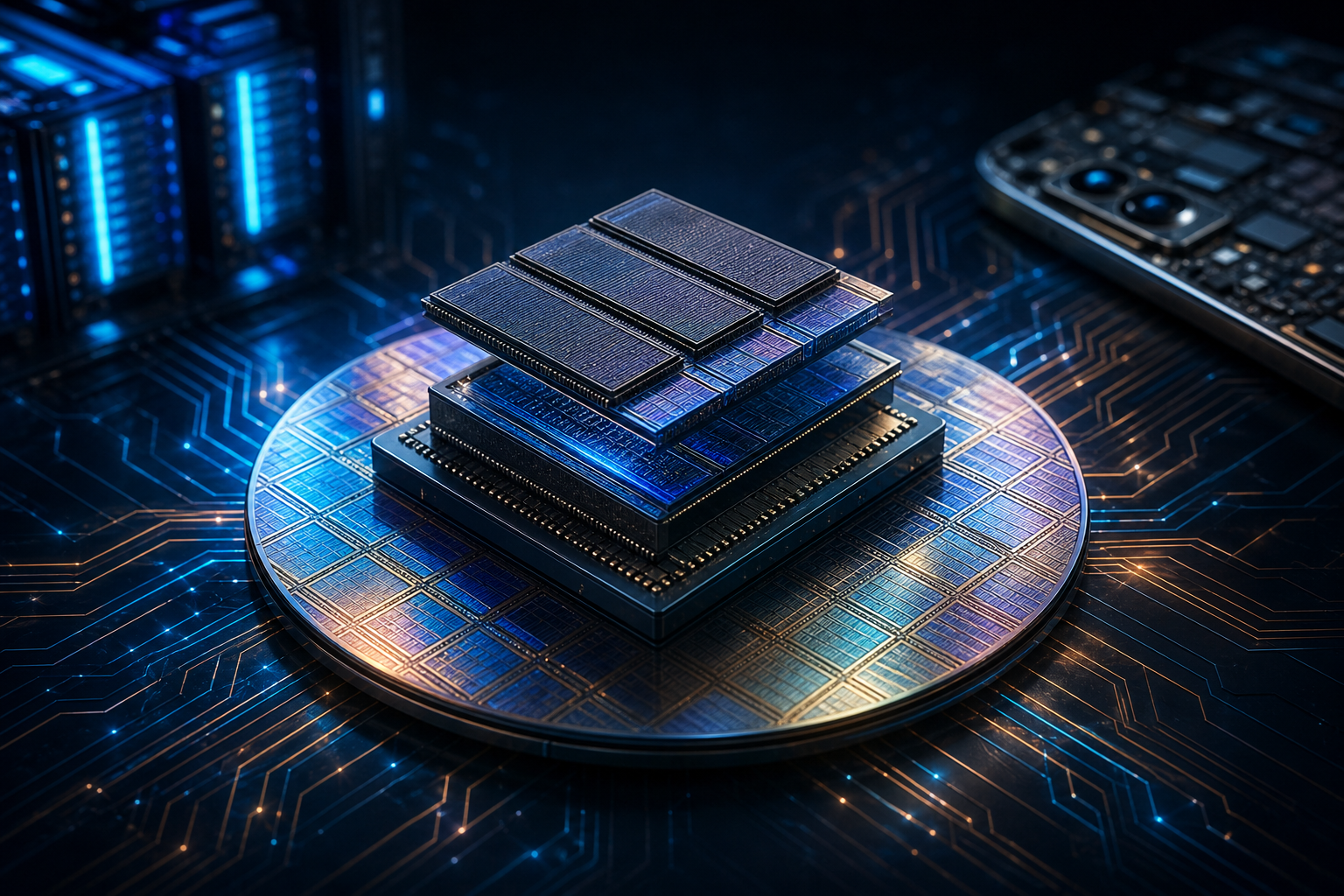 Illustration of DRAM dies on a semiconductor wafer