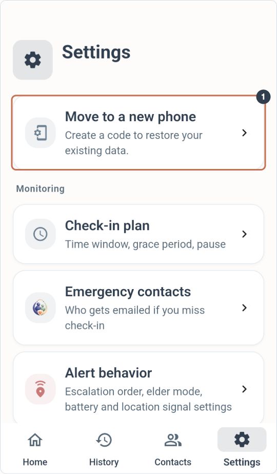 Old phone: open Settings and tap Move to a new phone, the first card.