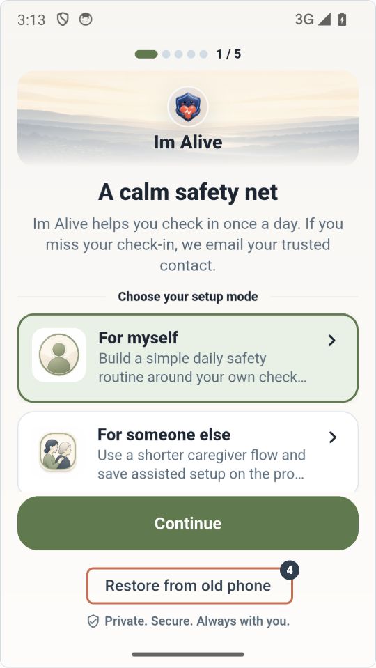 New phone: tap Restore from old phone below Continue. Do not complete a new setup first.