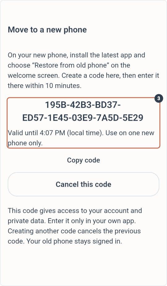 Old phone: use your own full code before its expiry time. The pictured demonstration code has been revoked.