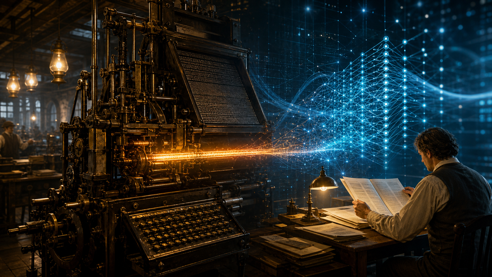 An illustration of a Linotype machine meeting an AI network