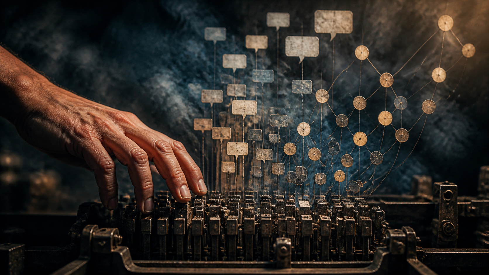 A human hand on a typesetting keyboard connected to a knowledge network