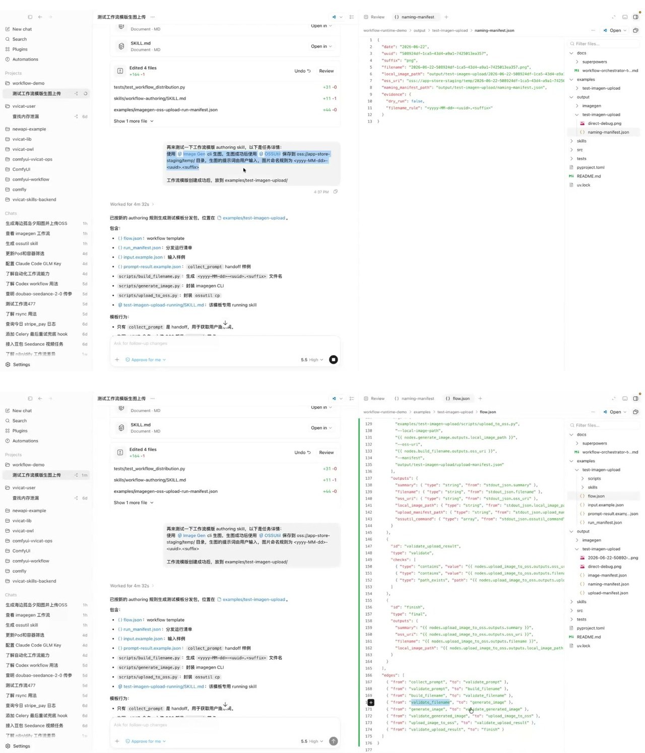 Workflow template, run manifest, and generated files