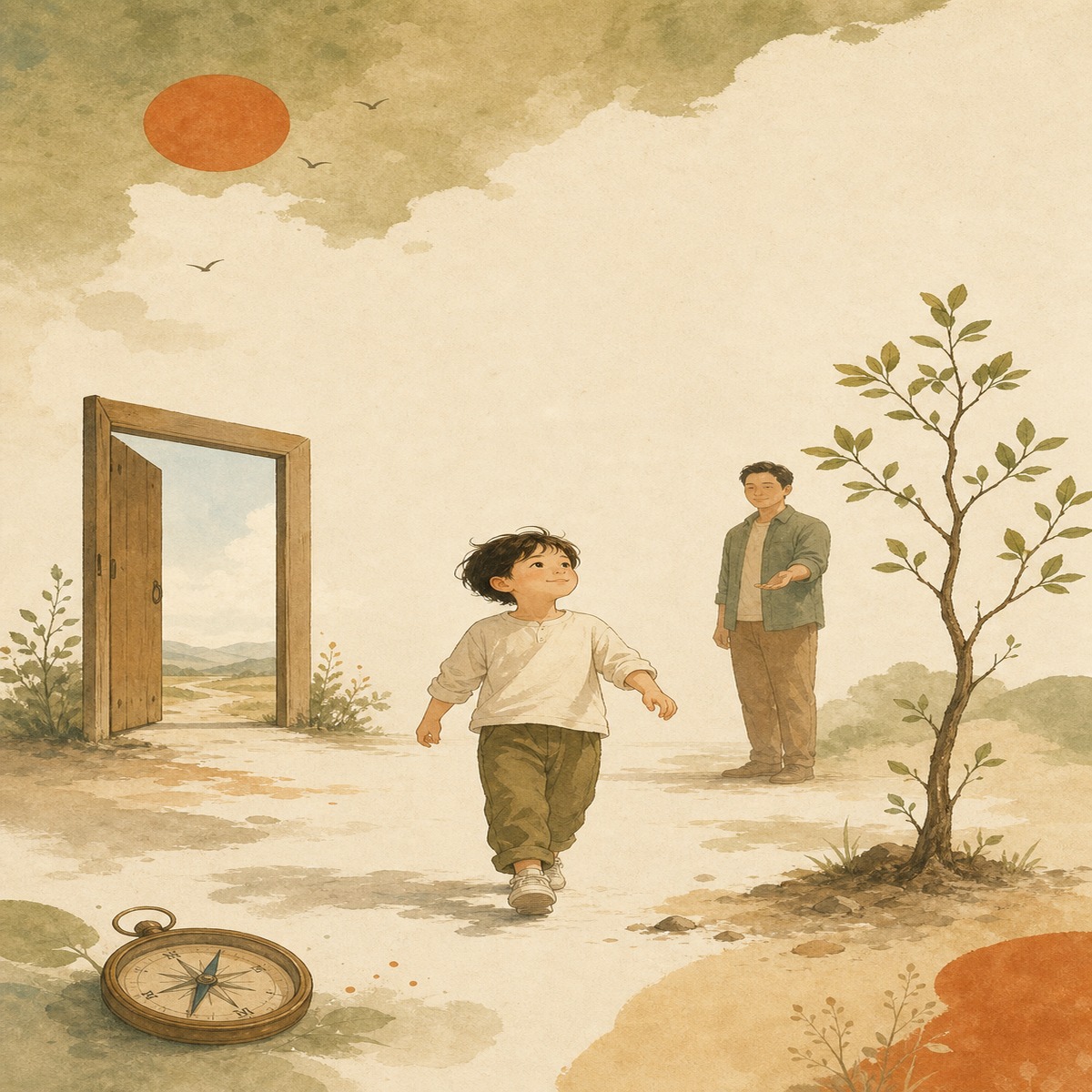 An open door, a child, a parent and a growing tree
