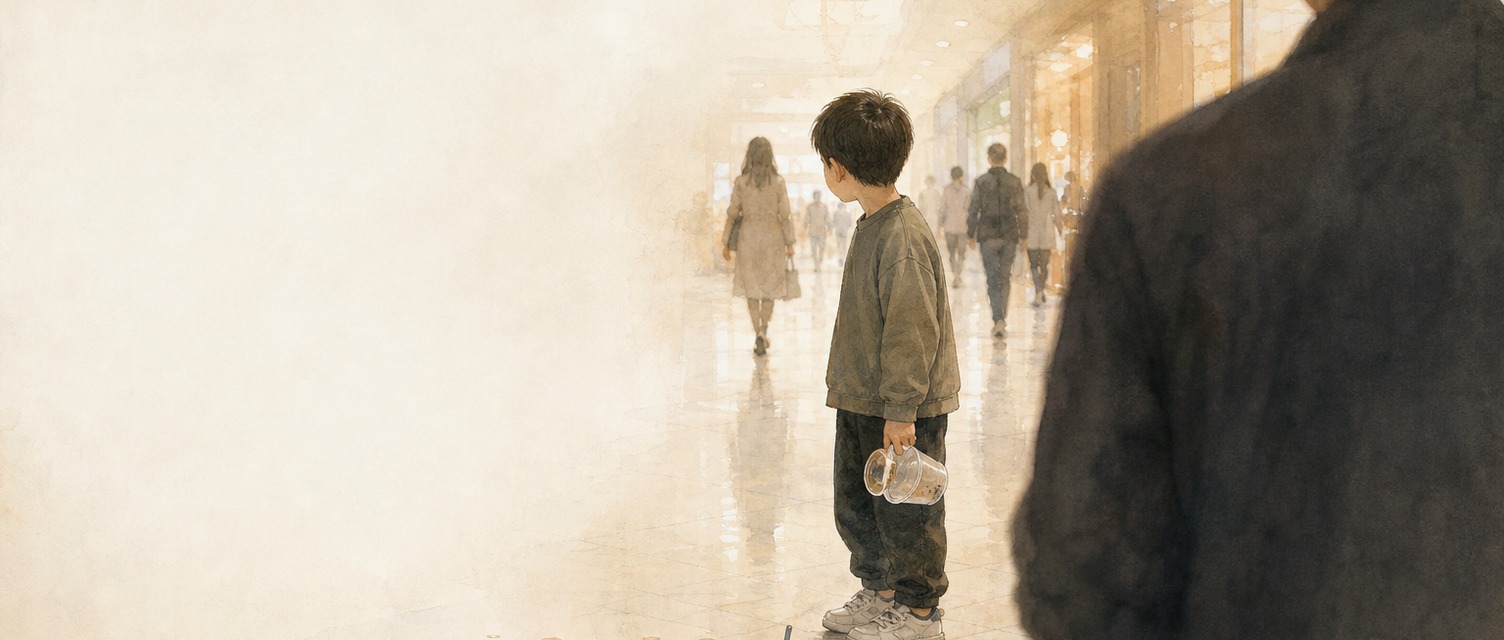 A child standing alone in a shopping mall after a spilled drink