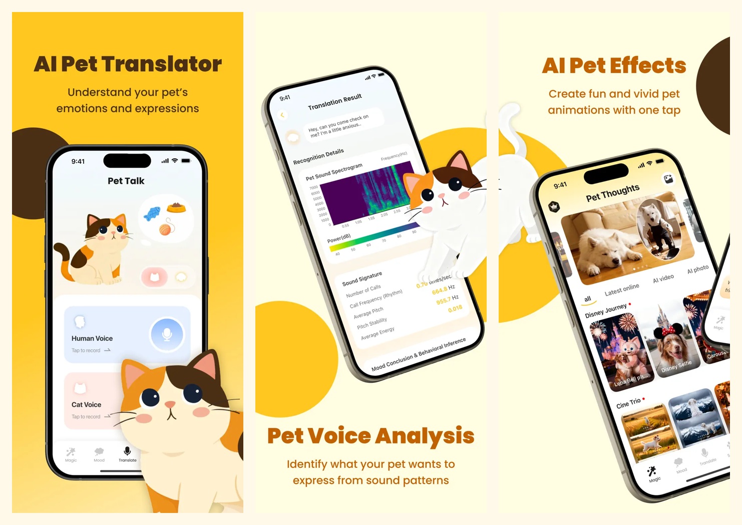 Official Pet Chat store promotional images: voice interaction, a sound-analysis interface, and creative pet effects.