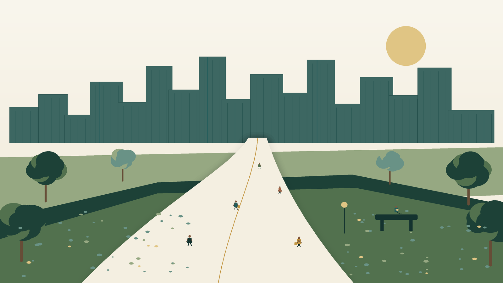 Conceptual illustration: a growing city and the everyday spaces people share.