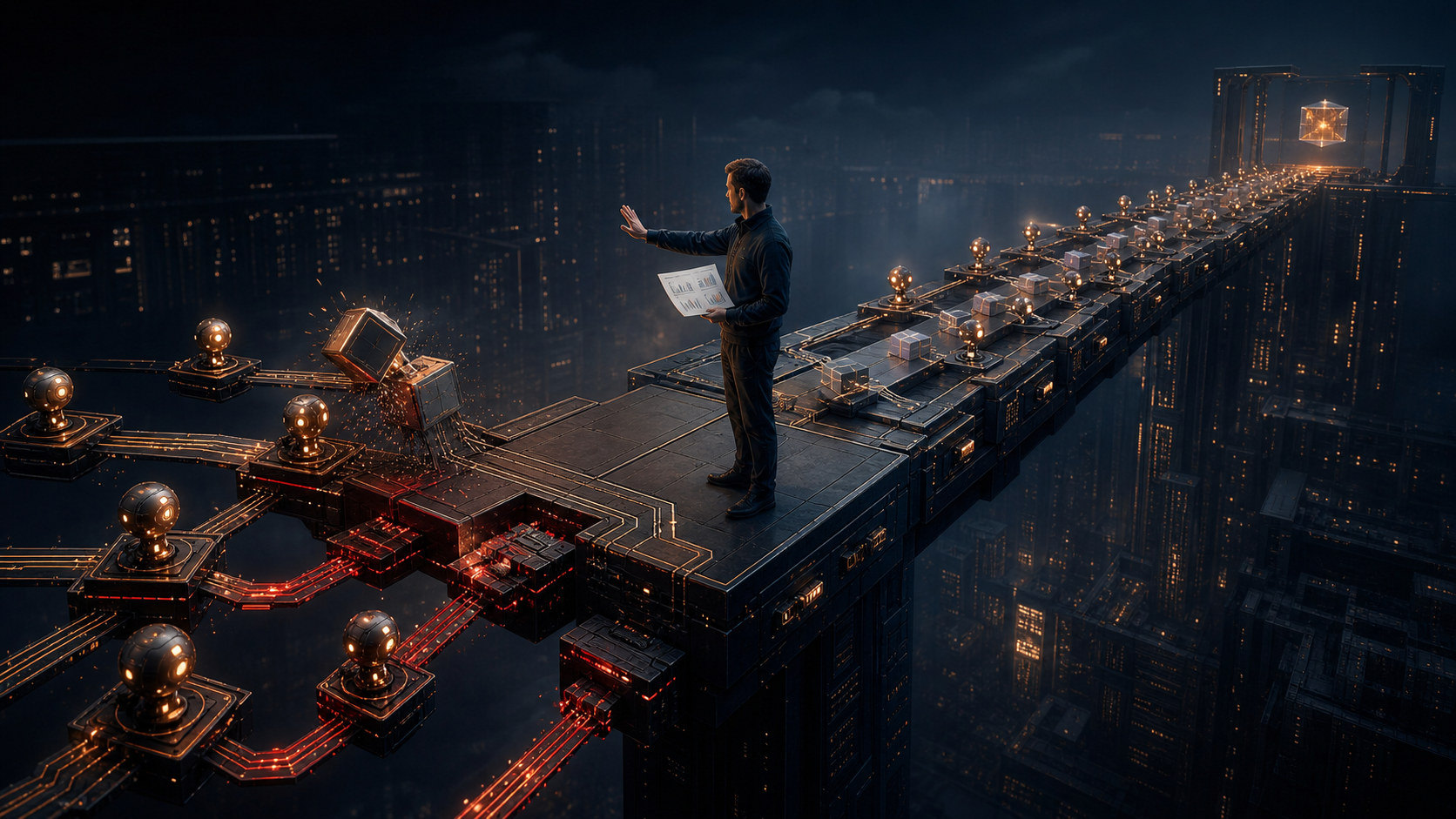 Human engineer reviewing an AI-agent delivery pipeline